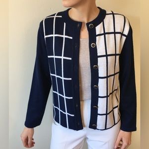 Vintage Asymmetrical Contrast Blue & White Cardigan
